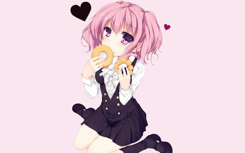 pink-haired girl eating donuts