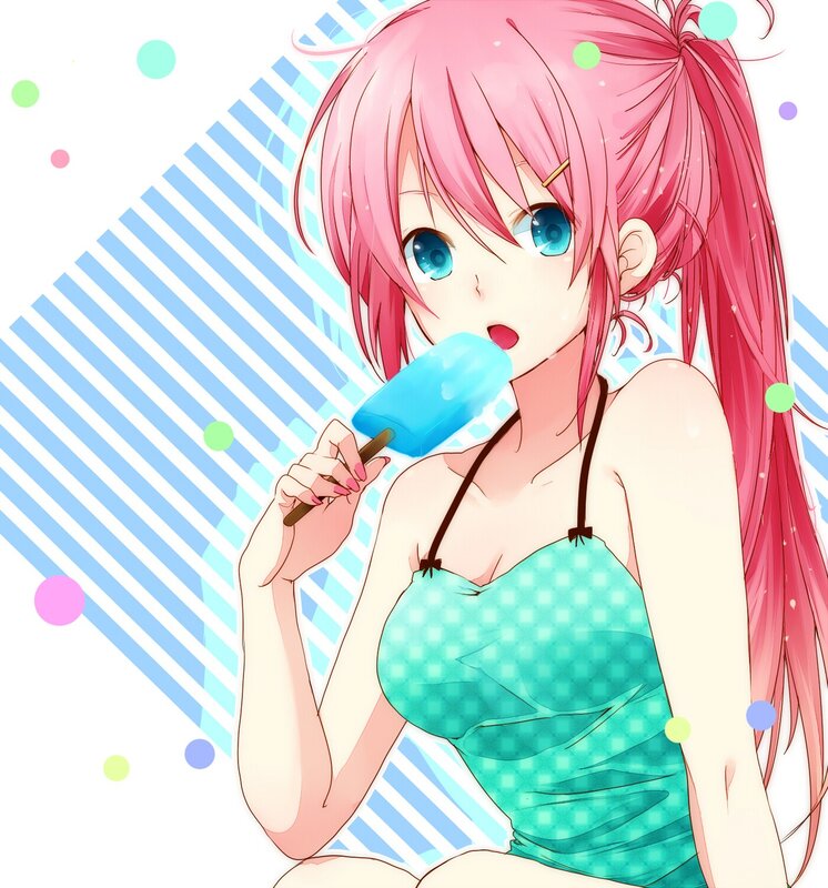 pink-haired girl eating ice pop