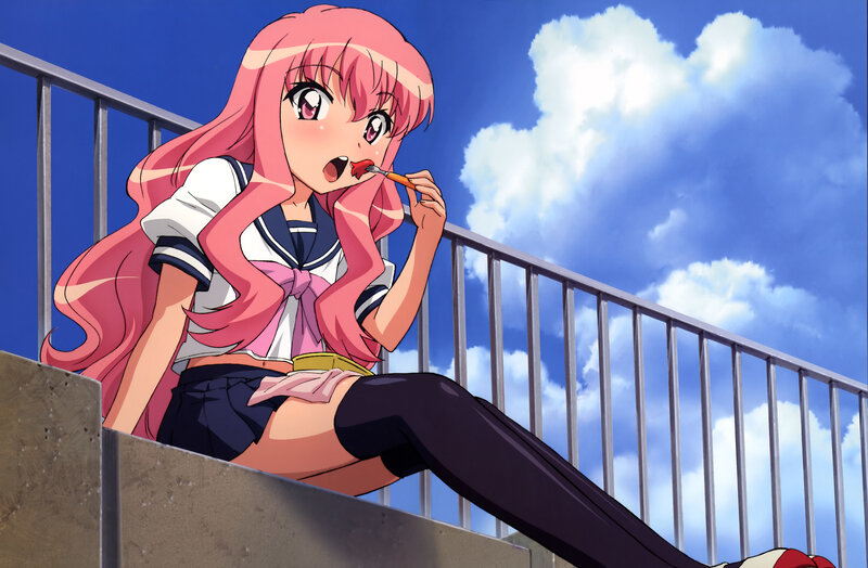 pink-haired girl eating outdoors