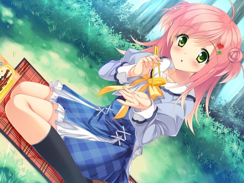 pink-haired girl eating outdoors