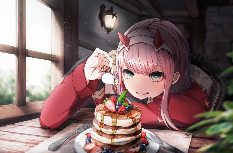 Pink-haired Girl Eating Pancakes