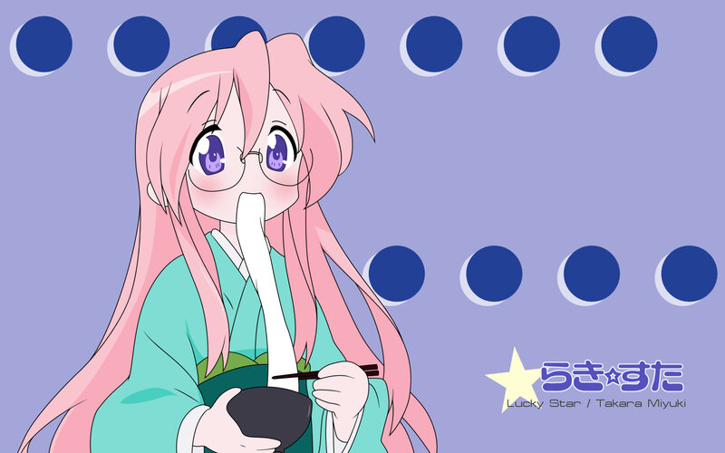 Pink-haired girl eating with chopsticks