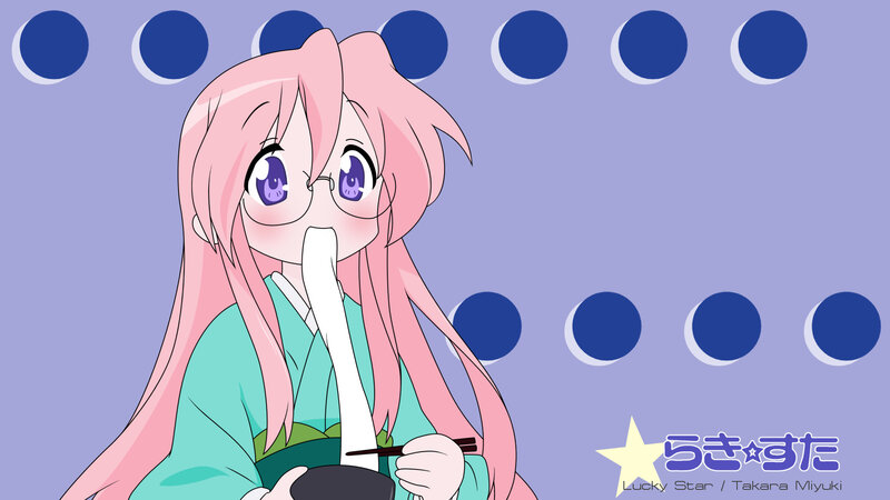 Pink-haired girl eating with chopsticks