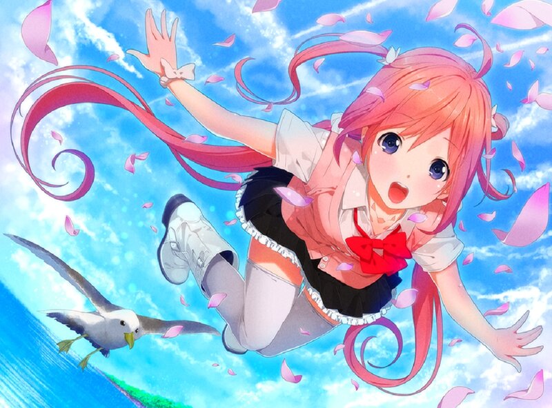 Pink-haired Girl Falling — Blue, Playful