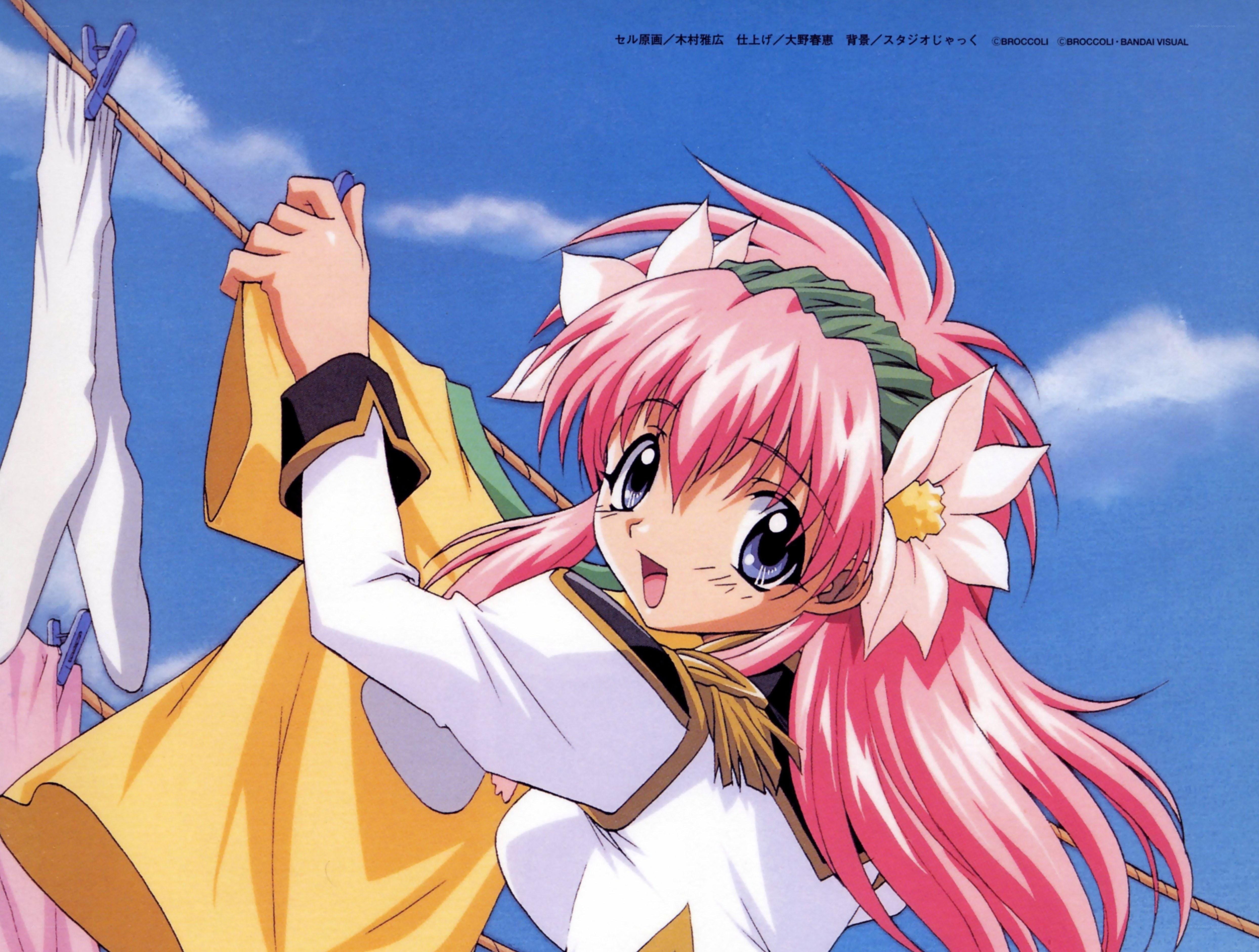 pink-haired girl hanging laundry