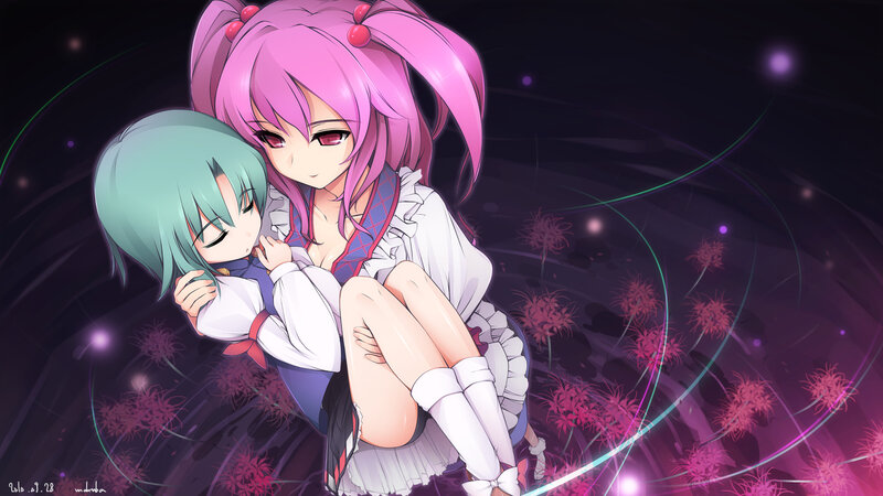 Pink-haired girl holding green-haired girl