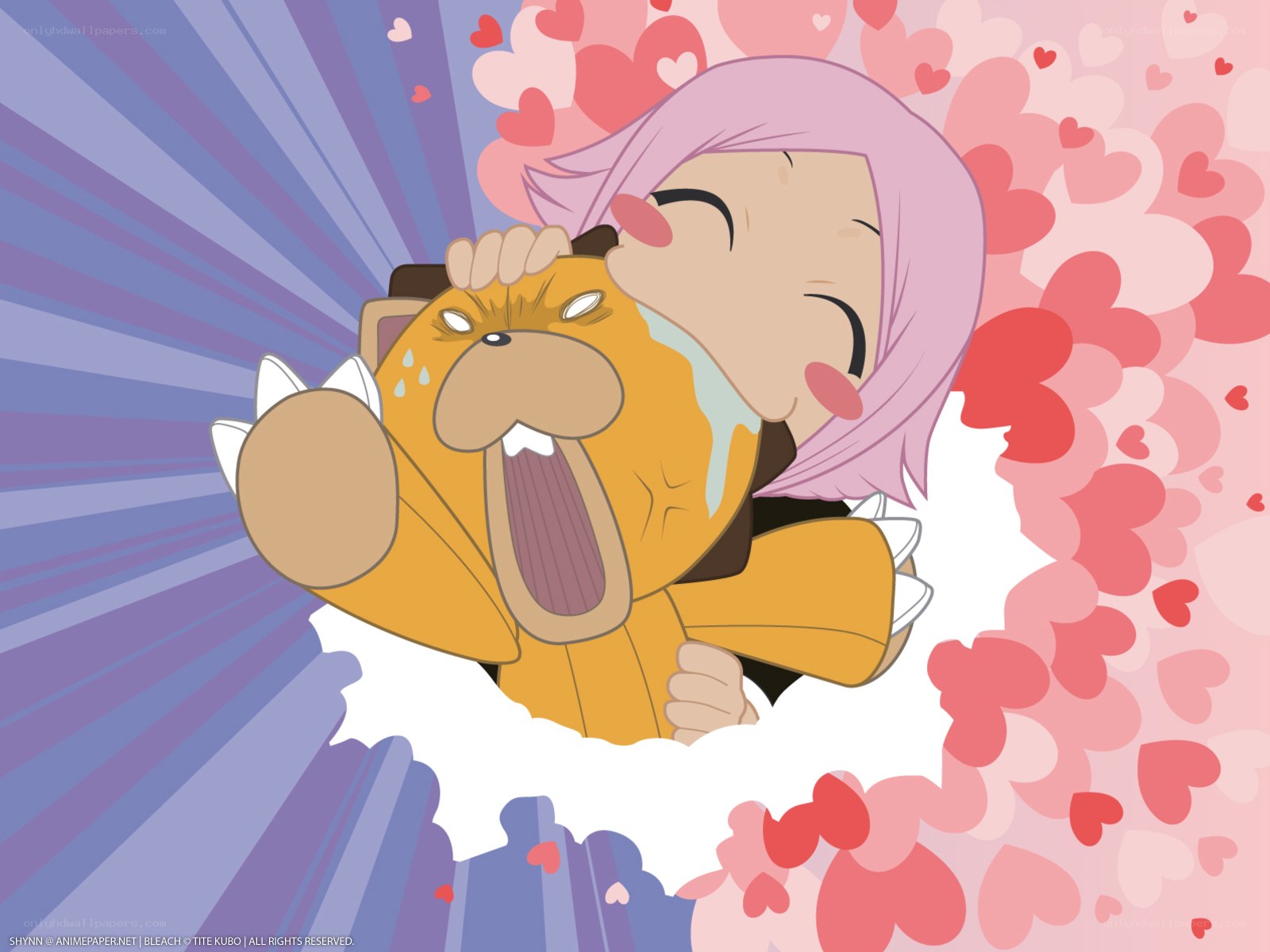 Pink-haired girl hugging a dog