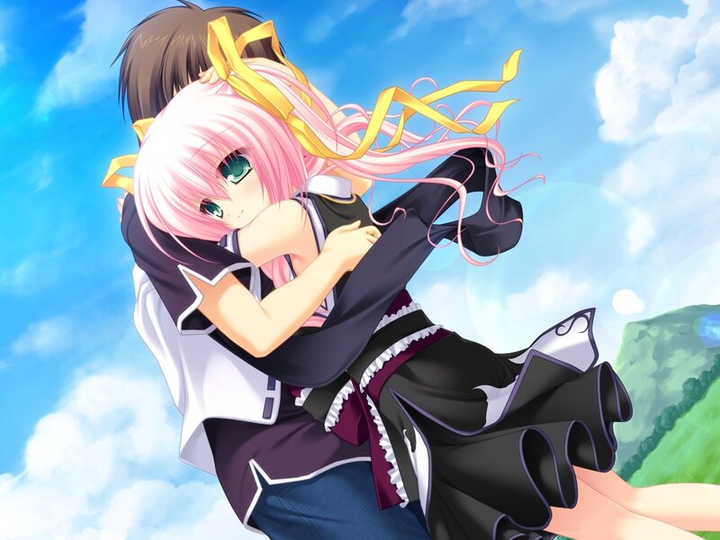Pink-haired Girl Hugging Boy — Blue, Serene, Afternoon, Anime