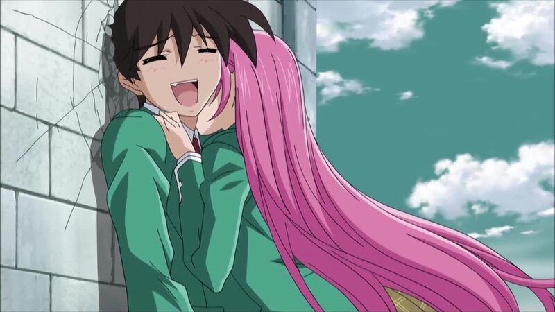 Pink-haired Girl Hugging Boy — Green, Playful