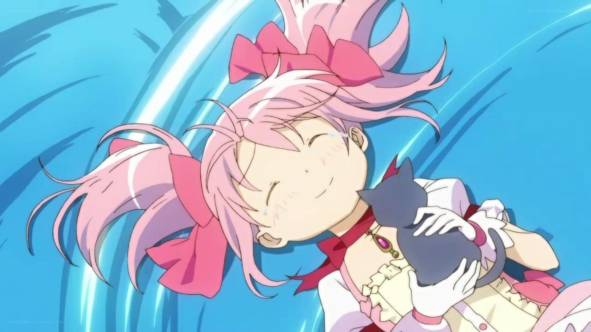 pink-haired girl hugging cat