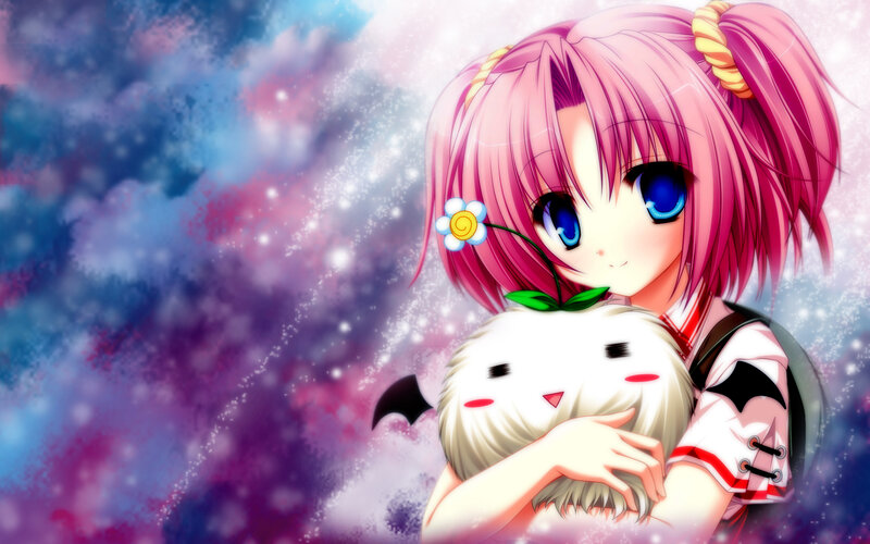 Pink-haired Girl Hugging Creature — Pink, Dreamy