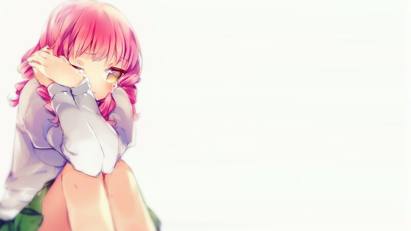 pink-haired girl hugging herself