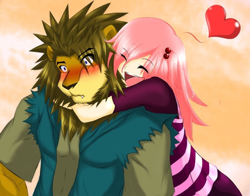 Pink-haired Girl Hugging Lion