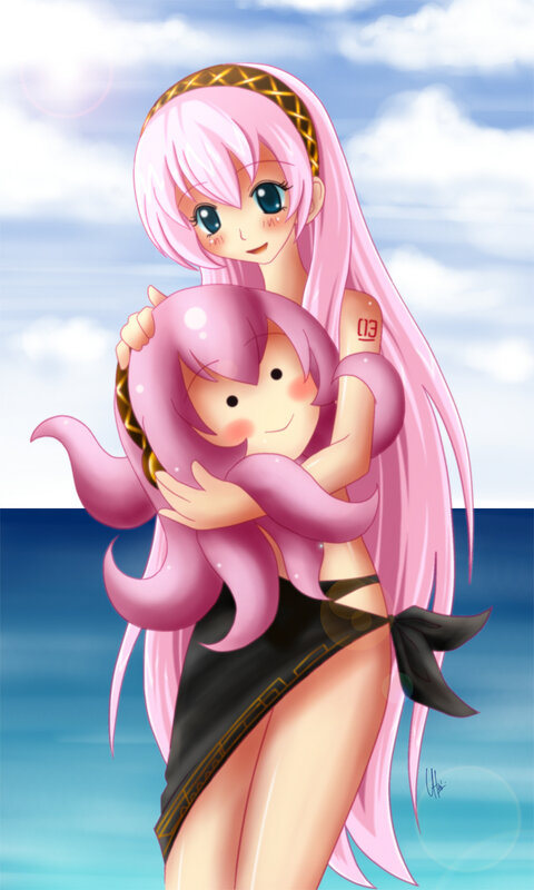 Pink-haired girl hugging octopus