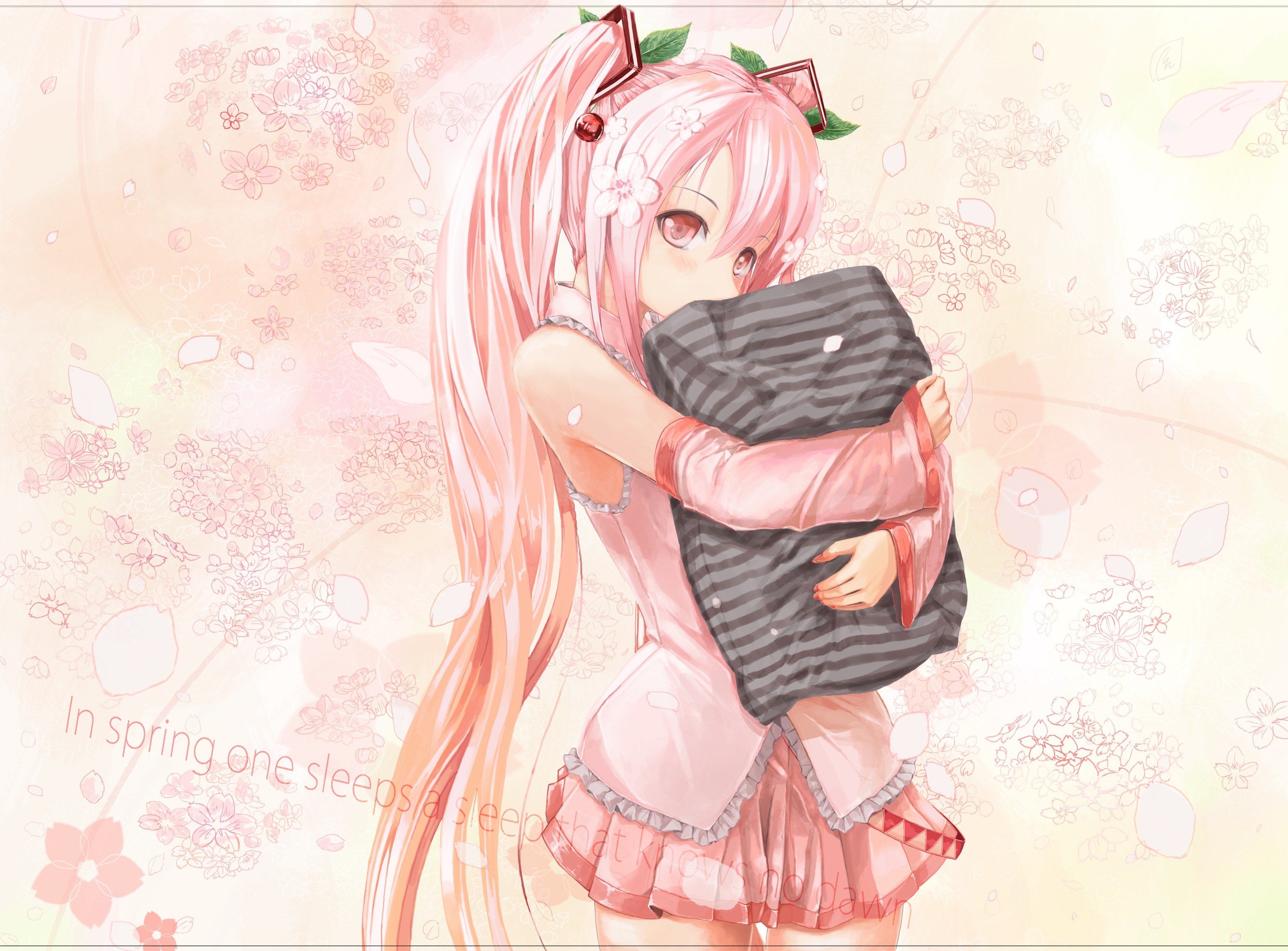 Pink-haired girl hugging pillow
