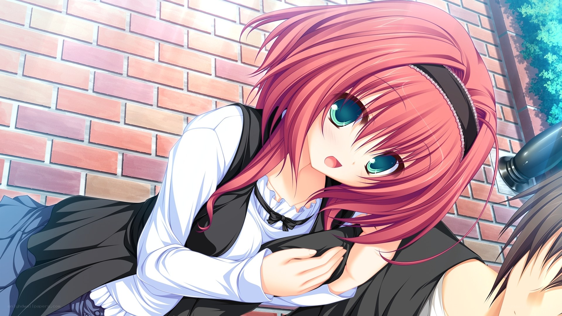 pink-haired girl hugging someone