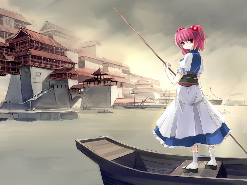 Pink-haired girl in a boat