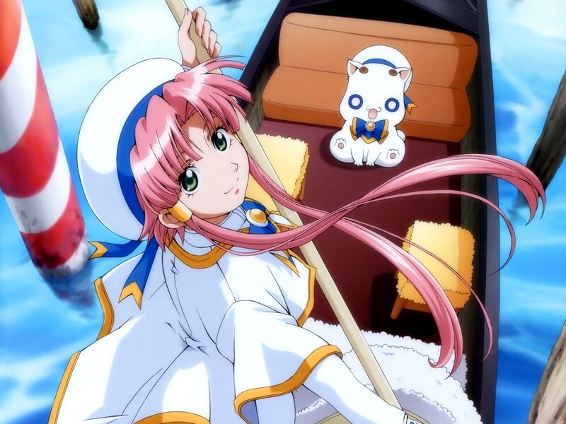 Pink-haired girl in a boat