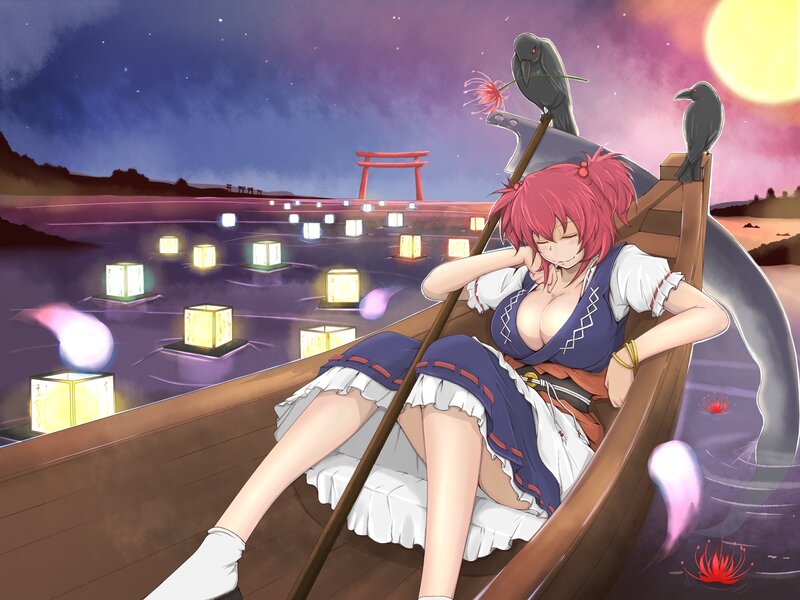 Pink-haired girl in a boat at night