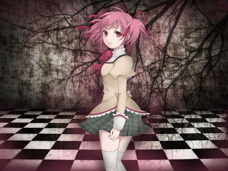 Pink-haired girl in a checkered room