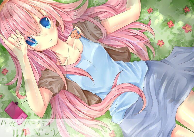 Pink-haired girl in a field