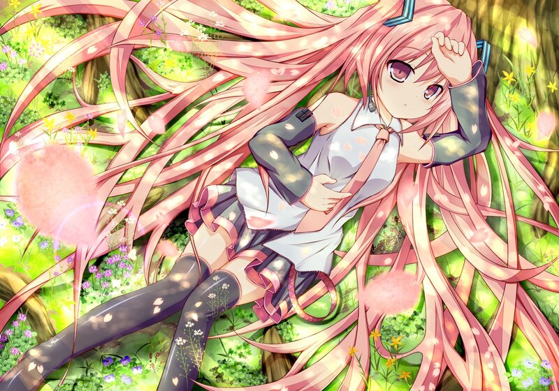 Pink-haired girl in a flower field