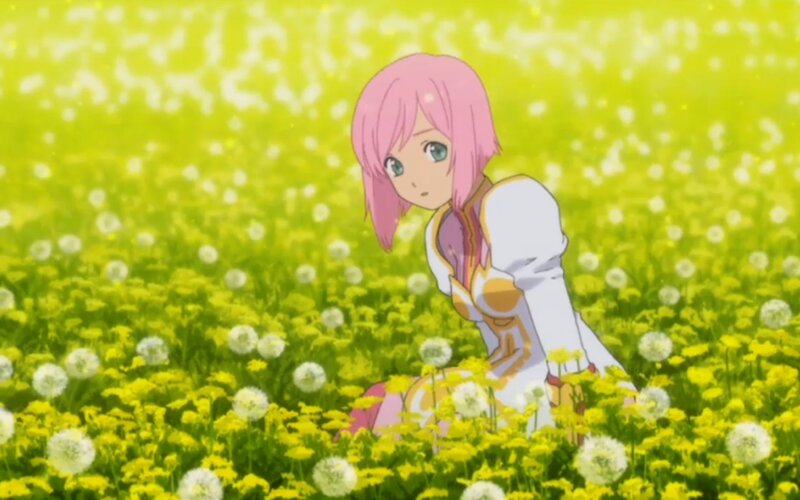 pink-haired girl in a flower field