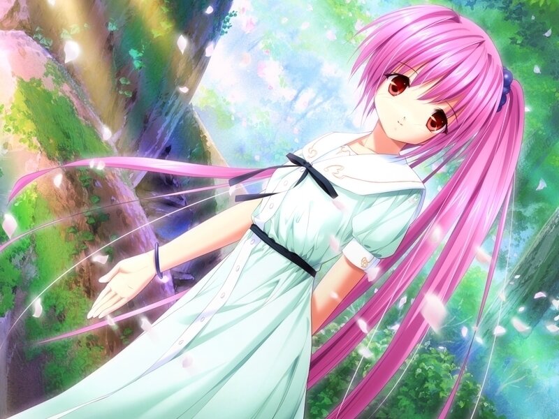 pink-haired girl in a forest
