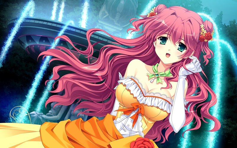 pink-haired girl in a garden