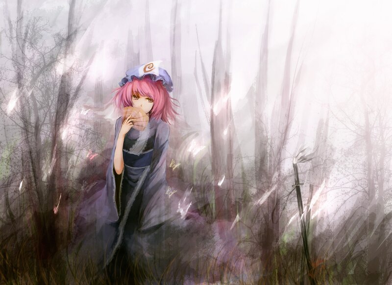 Pink-haired girl in a misty forest