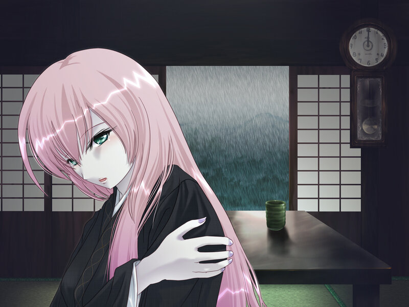 pink-haired girl in a rainy room