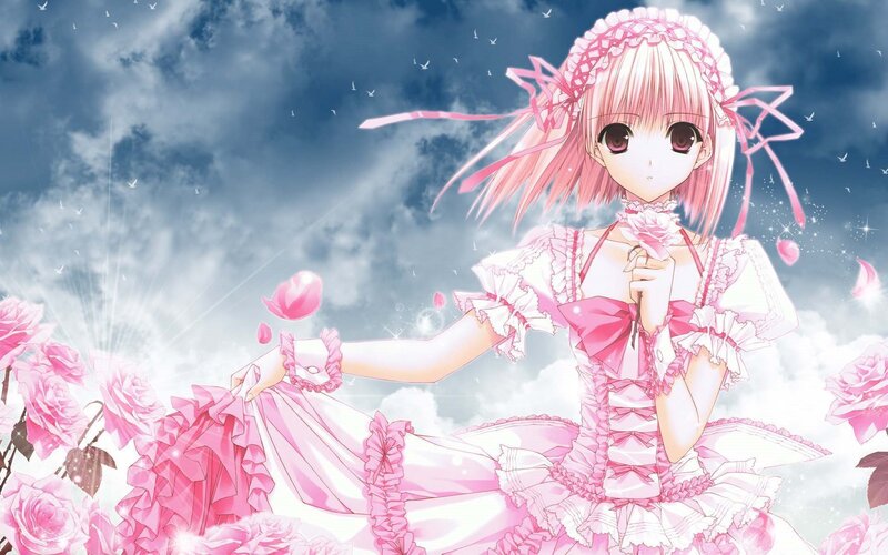 pink-haired girl in a rose garden