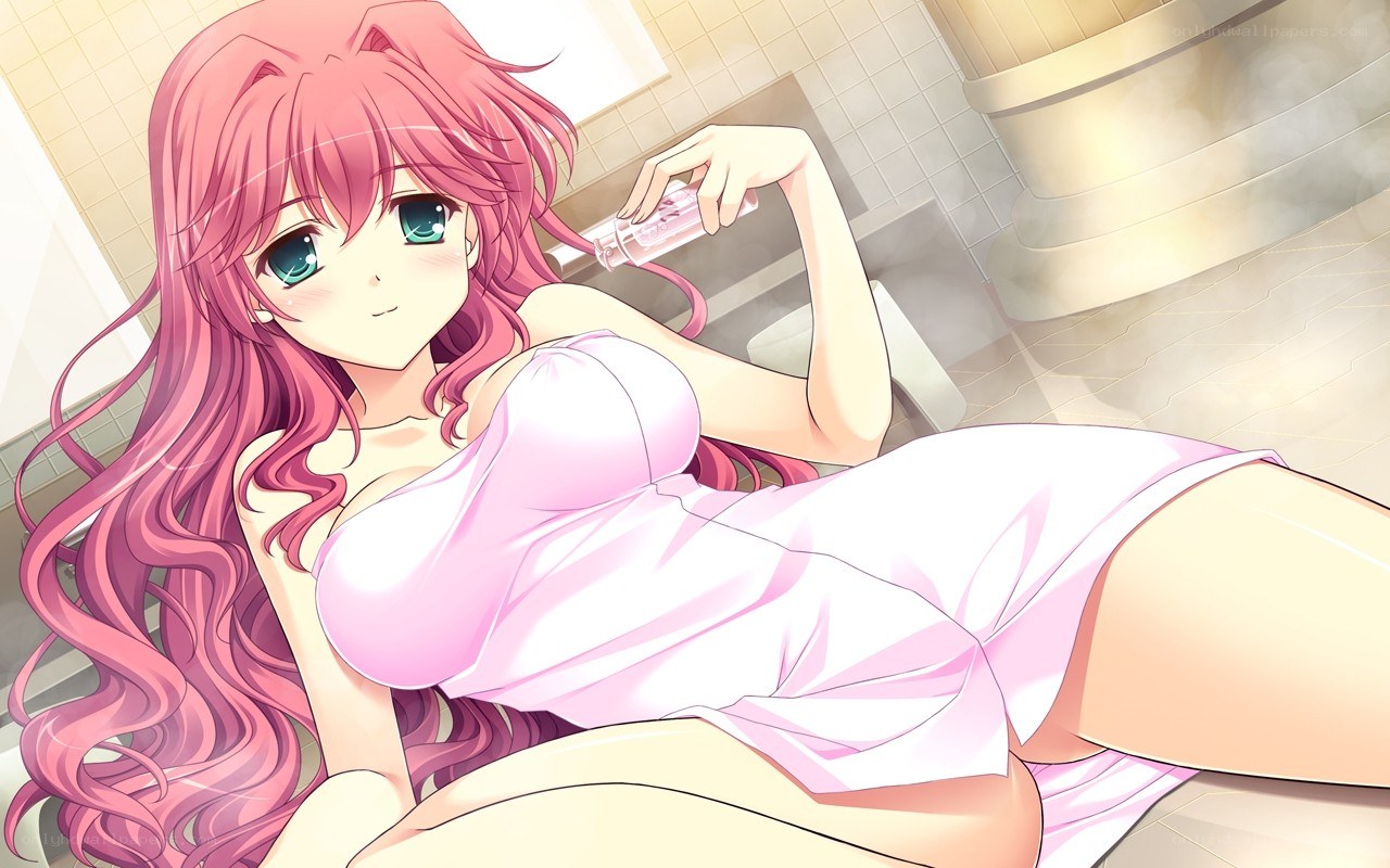 pink-haired girl in bathrobe