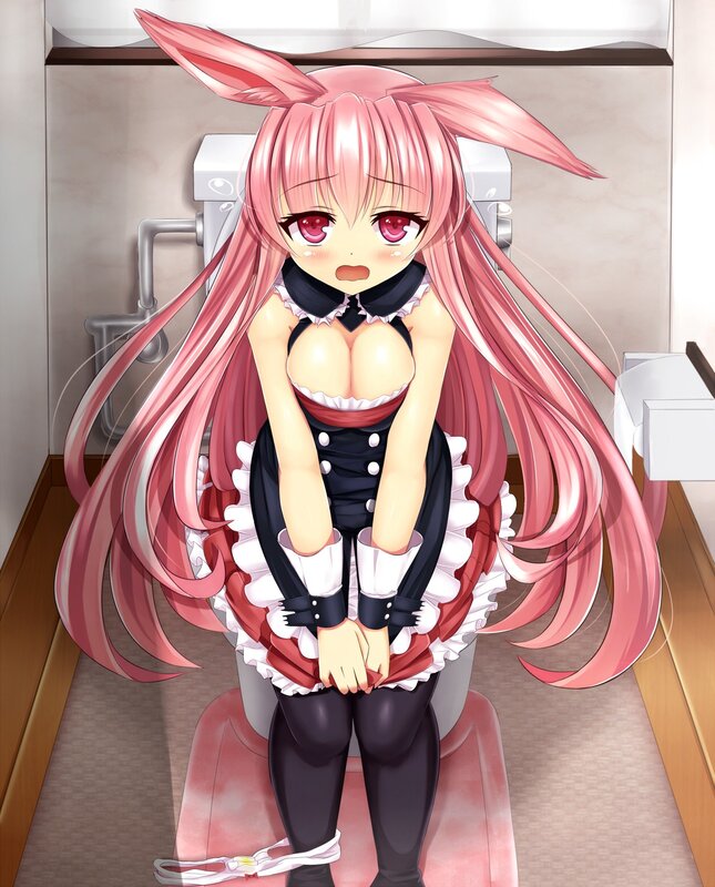 pink-haired girl in bathroom