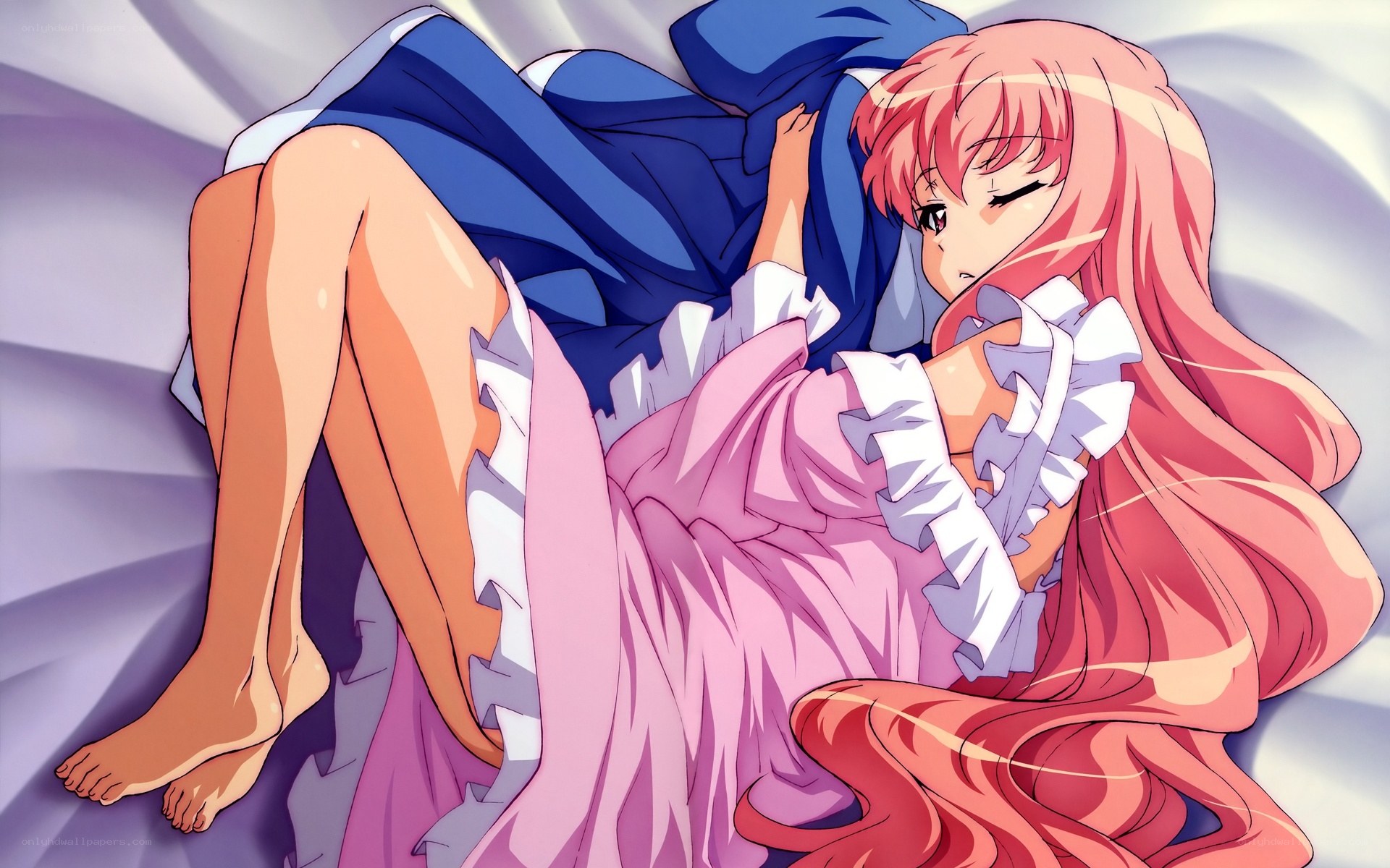 pink-haired girl in bed