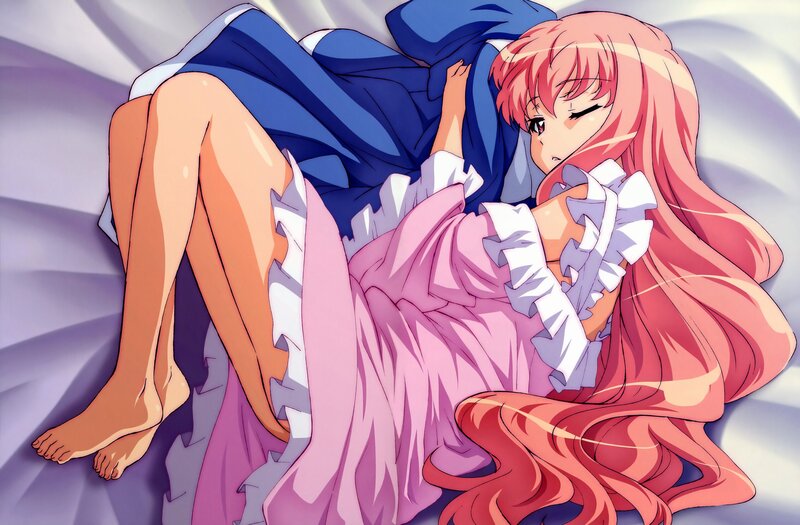 Pink-haired Girl in Bed — Pink, Calm, Anime, Pillow