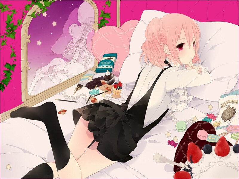 Pink-haired Girl in Bed — Pink, Dreamy, Anime, Mirror