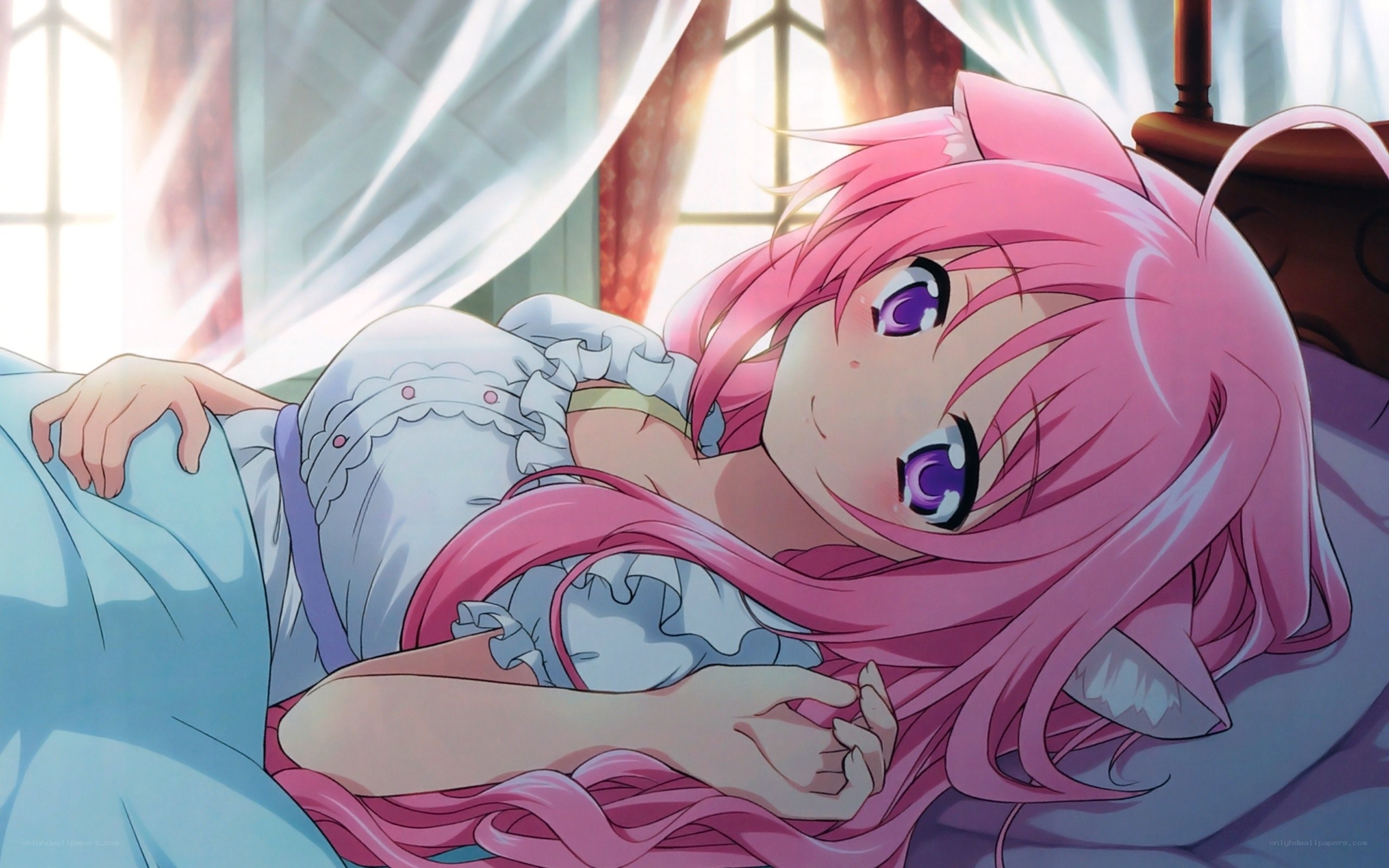 pink-haired girl in bed