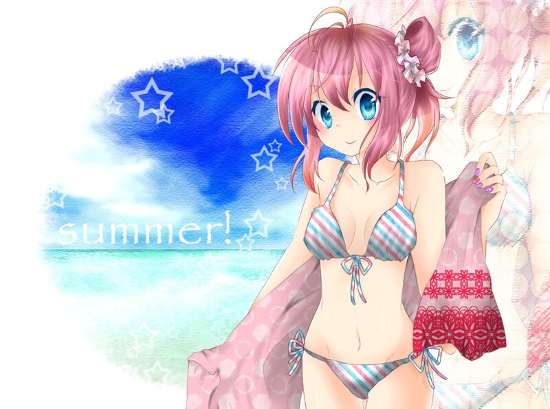 Pink-haired Girl in Bikini — Blue, Cheerful