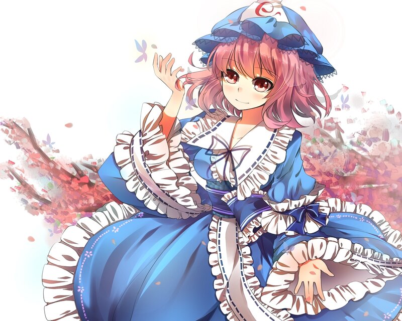 pink-haired girl in blue dress