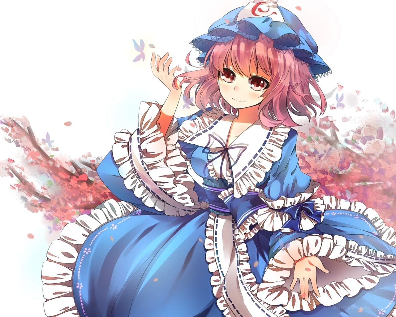 pink-haired girl in blue dress