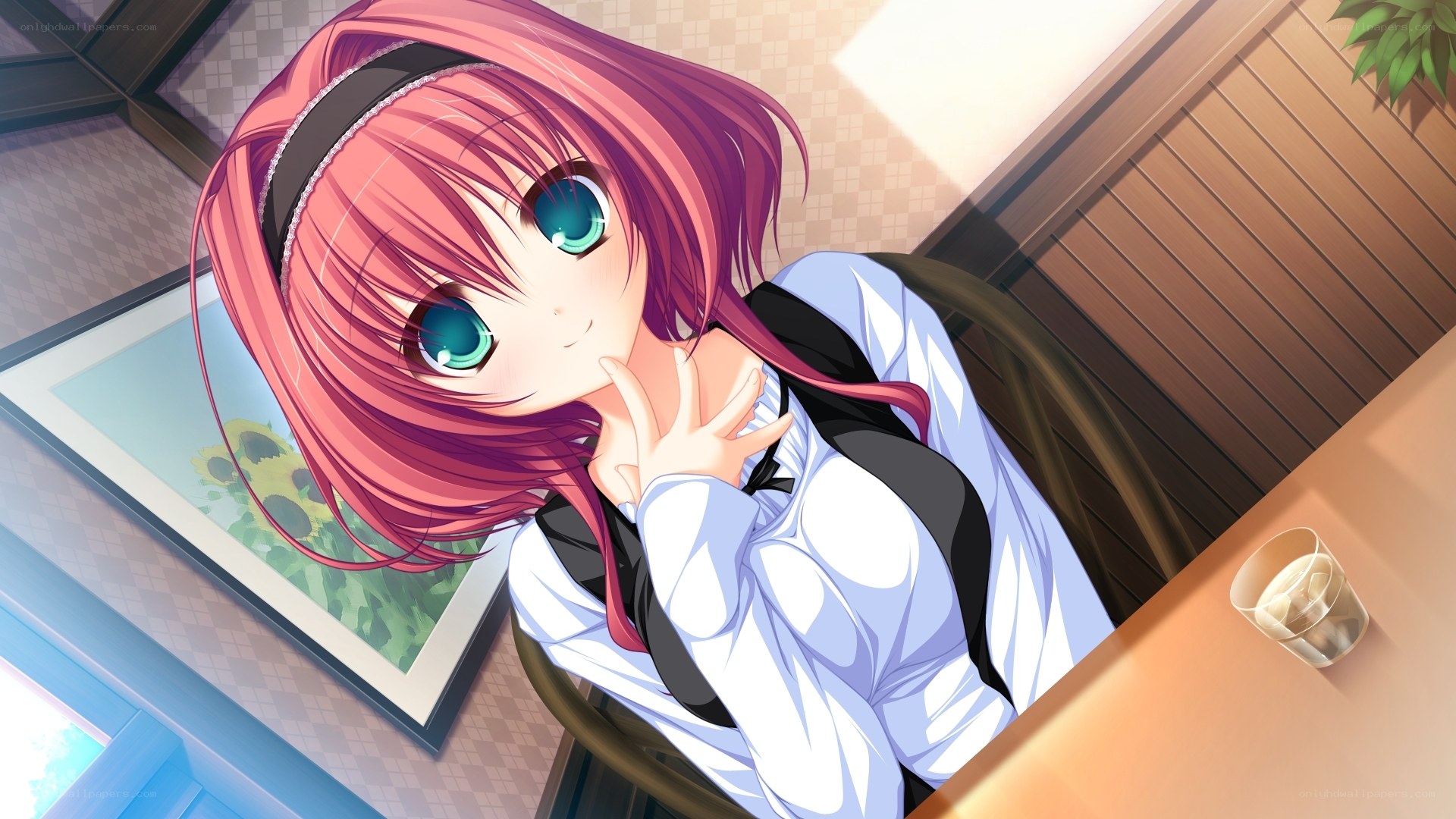 pink-haired girl in cafe