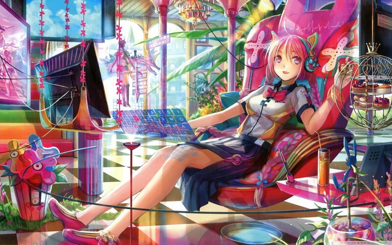Pink-haired Girl in Chair — Pink, Colorful, Afternoon, Digital Art, Headphones, Keyboard