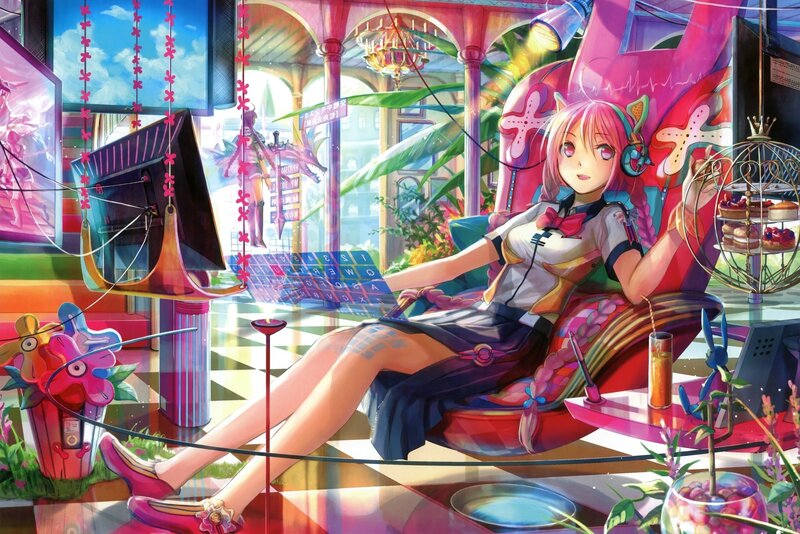 Pink-haired Girl in Chair — Pink, Colorful, Afternoon, Digital Art, Headphones