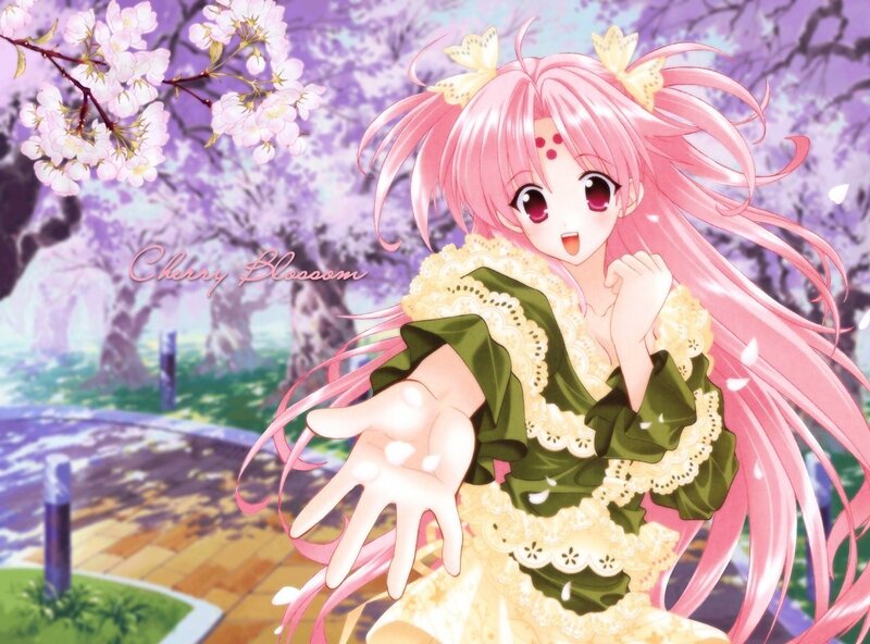 pink-haired girl in cherry blossom