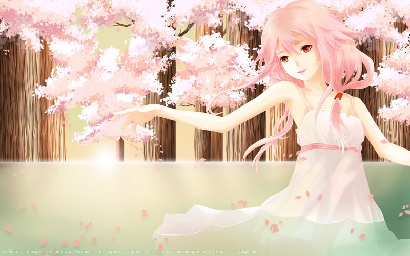 Pink-haired girl in cherry blossom forest