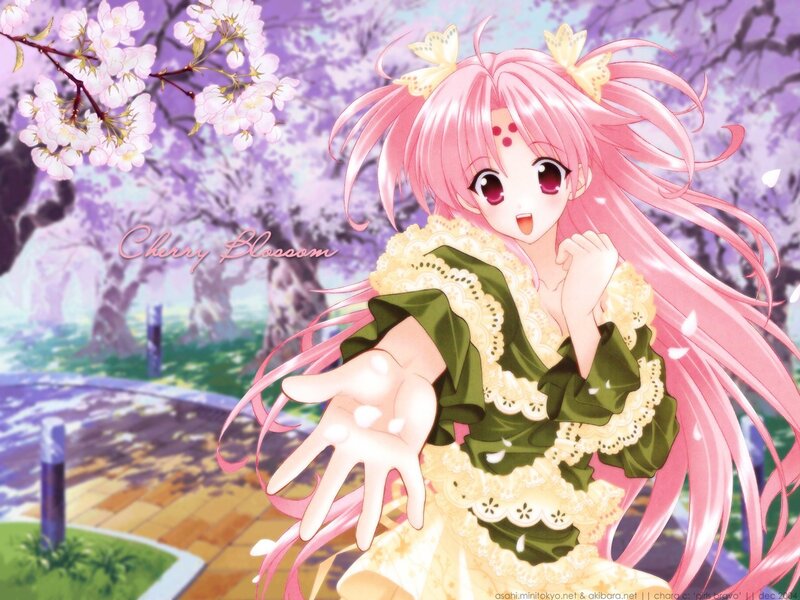 Pink-haired girl in cherry blossom