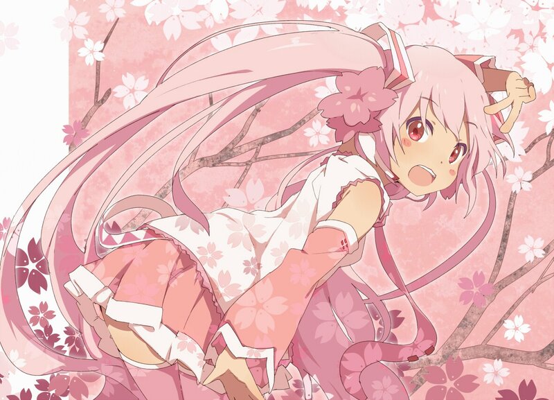 pink-haired girl in cherry blossoms