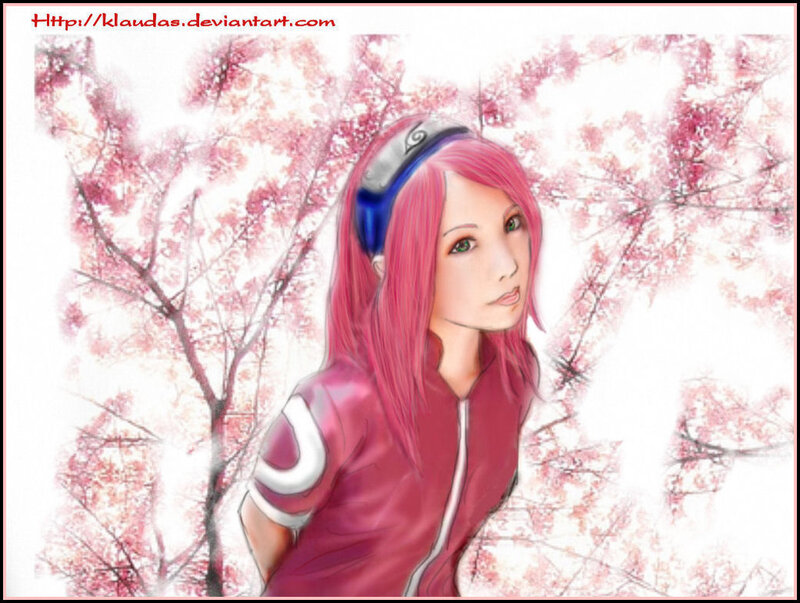 Pink-haired girl in cherry blossoms