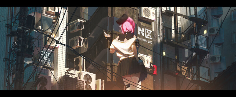 Pink-haired Girl in City — Pink, Dramatic